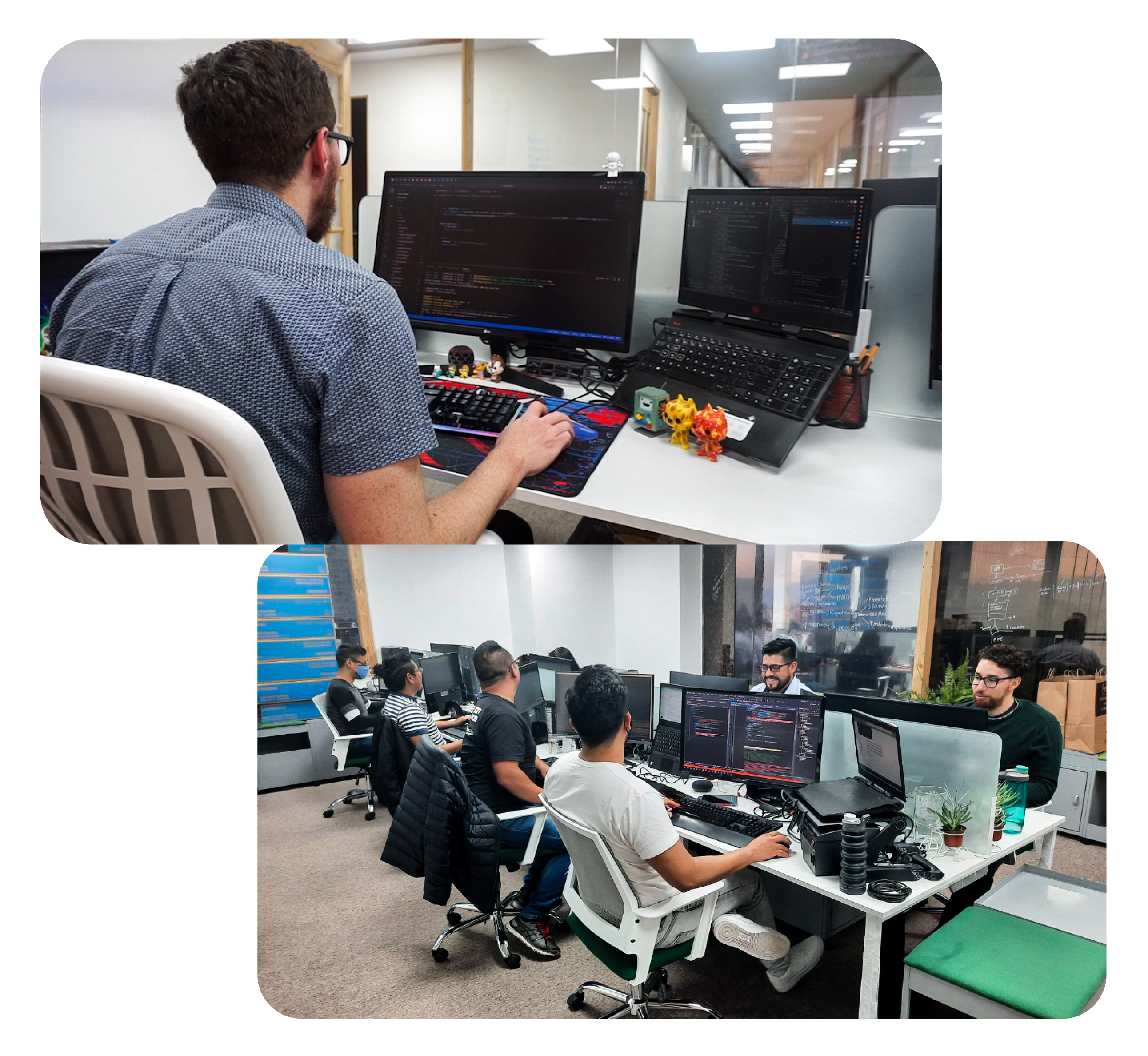 Personas trabajando en computadora y centro de datos